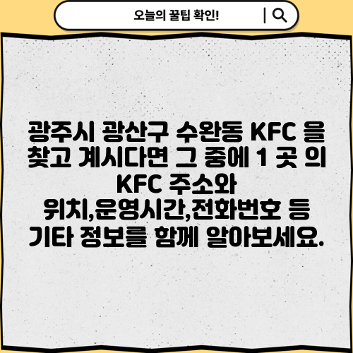 광주시 광산구 수완동 KFC 을 찾고 계시다면 그 중에 1 곳 의 KFC 주소와 위치,운영시간,전화번호 등 기타 정보를 함께 알아보세요.