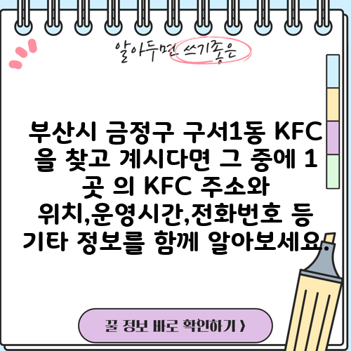 부산시 금정구 구서1동 KFC 을 찾고 계시다면 그 중에 1 곳 의 KFC 주소와 위치,운영시간,전화번호 등 기타 정보를 함께 알아보세요.