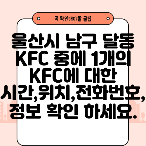 울산시 남구 달동 KFC 중에 1개의 KFC에 대한 운영시간,위치,전화번호,주소 정보 확인 하세요.