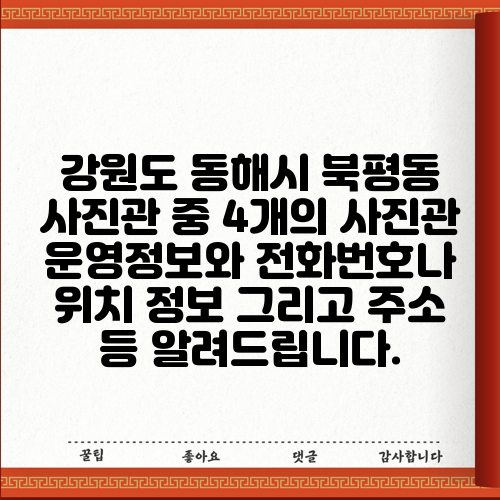 강원도 동해시 북평동 사진관 중 4개의 사진관 운영정보와 전화번호나 위치 정보 그리고 주소 등 알려드립니다.