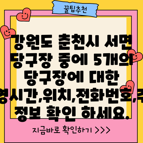 강원도 춘천시 서면 당구장 중에 5개의 당구장에 대한 운영시간,위치,전화번호,주소 정보 확인 하세요.