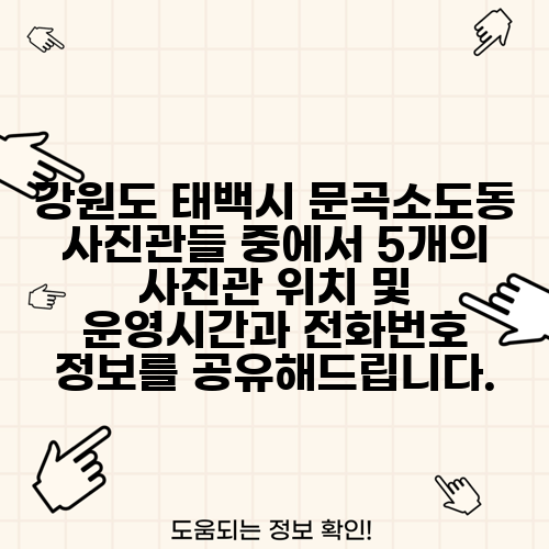 강원도 태백시 문곡소도동 사진관들 중에서 5개의 사진관 위치 및 운영시간과 전화번호 정보를 공유해드립니다.