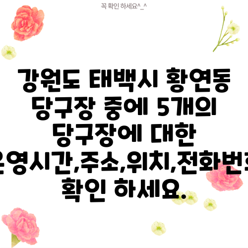 강원도 태백시 황연동 당구장 중에 5개의 당구장에 대한 운영시간,주소,위치,전화번호 확인 하세요.