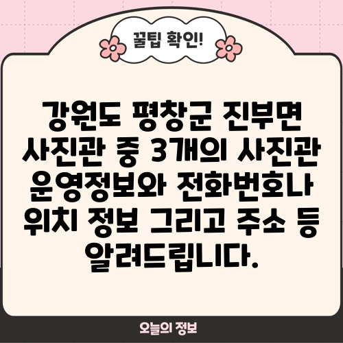 강원도 평창군 진부면 사진관 중 3개의 사진관 운영정보와 전화번호나 위치 정보 그리고 주소 등 알려드립니다.
