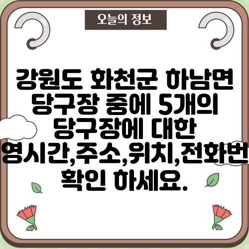 강원도 화천군 하남면 당구장 중에 5개의 당구장에 대한 운영시간,주소,위치,전화번호 확인 하세요.