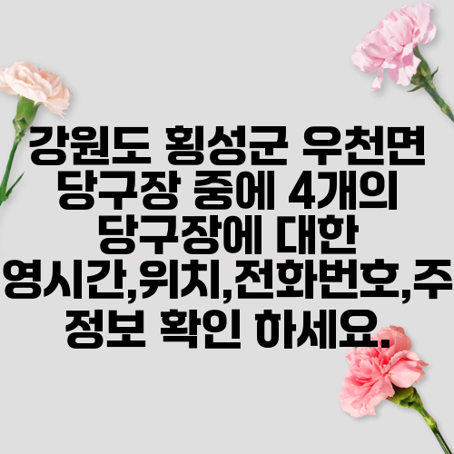 강원도 횡성군 우천면 당구장 중에 4개의 당구장에 대한 운영시간,위치,전화번호,주소 정보 확인 하세요.