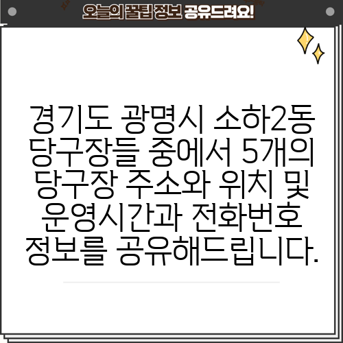경기도 광명시 소하2동 당구장들 중에서 5개의 당구장 주소와 위치 및 운영시간과 전화번호 정보를 공유해드립니다.