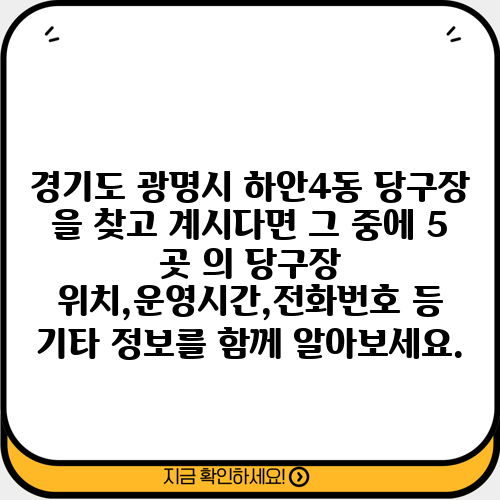 경기도 광명시 하안4동 당구장 을 찾고 계시다면 그 중에 5 곳 의 당구장 위치,운영시간,전화번호 등 기타 정보를 함께 알아보세요.