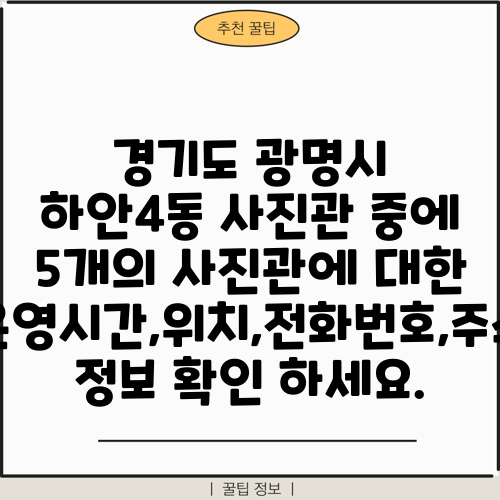 경기도 광명시 하안4동 사진관 중에 5개의 사진관에 대한 운영시간,위치,전화번호,주소 정보 확인 하세요.