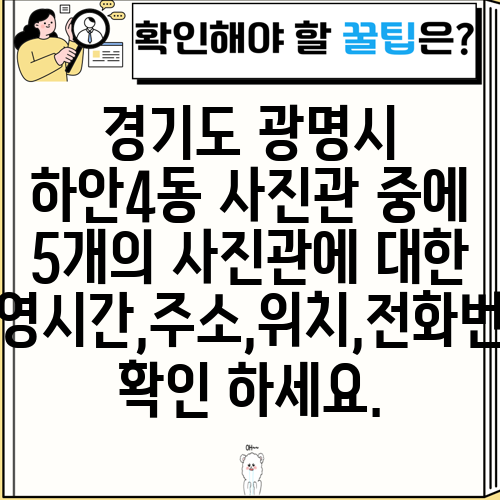 경기도 광명시 하안4동 사진관 중에 5개의 사진관에 대한 운영시간,주소,위치,전화번호 확인 하세요.