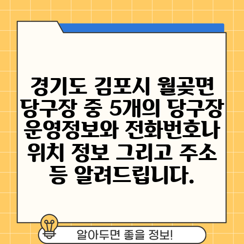 경기도 김포시 월곶면 당구장 중 5개의 당구장 운영정보와 전화번호나 위치 정보 그리고 주소 등 알려드립니다.