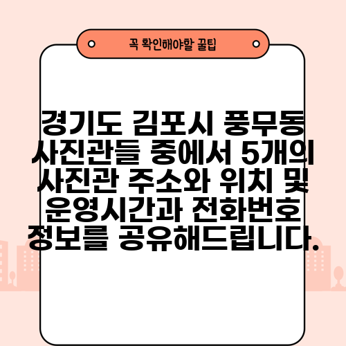 경기도 김포시 풍무동 사진관들 중에서 5개의 사진관 주소와 위치 및 운영시간과 전화번호 정보를 공유해드립니다.