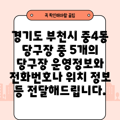 경기도 부천시 중4동 당구장 중 5개의 당구장 운영정보와 전화번호나 위치 정보 등 전달해드립니다.