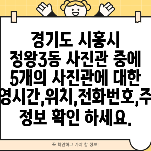 경기도 시흥시 정왕3동 사진관 중에 5개의 사진관에 대한 운영시간,위치,전화번호,주소 정보 확인 하세요.