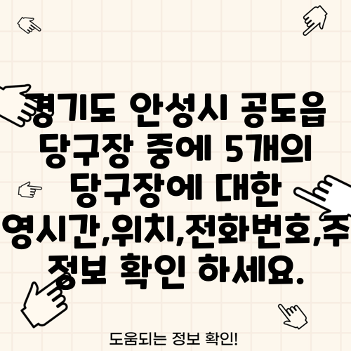 경기도 안성시 공도읍 당구장 중에 5개의 당구장에 대한 운영시간,위치,전화번호,주소 정보 확인 하세요.