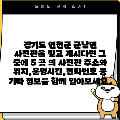 경기도 연천군 군남면 사진관을 찾고 계시다면 그 중에 5 곳 의 사진관 주소와 위치,운영시간,전화번호 등 기타 정보를 함께 알아보세요.