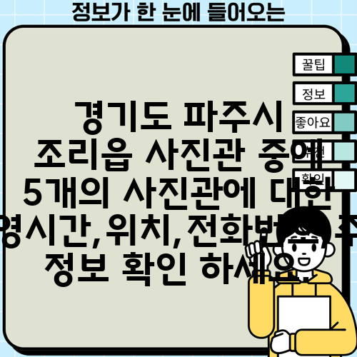 경기도 파주시 조리읍 사진관 중에 5개의 사진관에 대한 운영시간,위치,전화번호,주소 정보 확인 하세요.