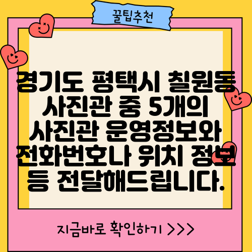 경기도 평택시 칠원동 사진관 중 5개의 사진관 운영정보와 전화번호나 위치 정보 등 전달해드립니다.