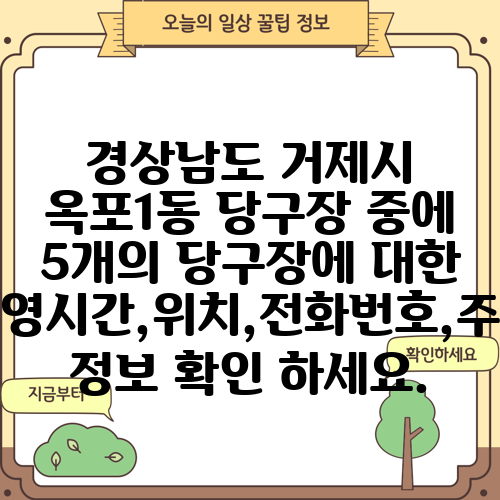경상남도 거제시 옥포1동 당구장 중에 5개의 당구장에 대한 운영시간,위치,전화번호,주소 정보 확인 하세요.