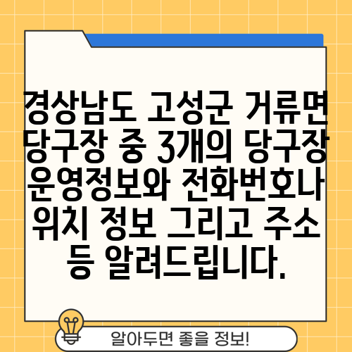 경상남도 고성군 거류면 당구장 중 3개의 당구장 운영정보와 전화번호나 위치 정보 그리고 주소 등 알려드립니다.
