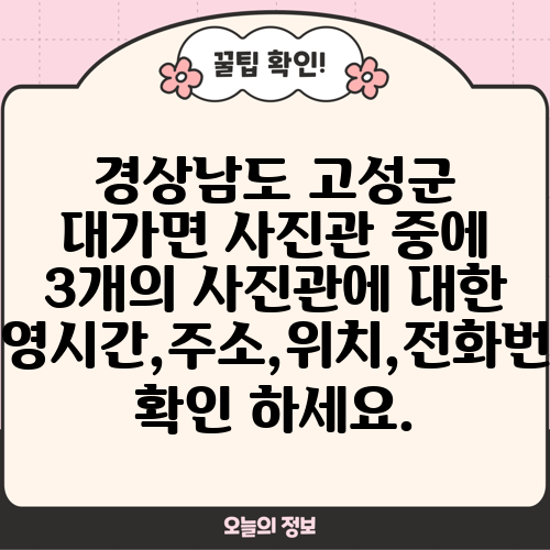 경상남도 고성군 대가면 사진관 중에 3개의 사진관에 대한 운영시간,주소,위치,전화번호 확인 하세요.