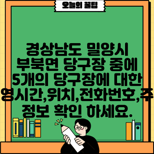 경상남도 밀양시 부북면 당구장 중에 5개의 당구장에 대한 운영시간,위치,전화번호,주소 정보 확인 하세요.