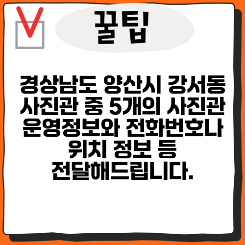 경상남도 양산시 강서동 사진관 중 5개의 사진관 운영정보와 전화번호나 위치 정보 등 전달해드립니다.