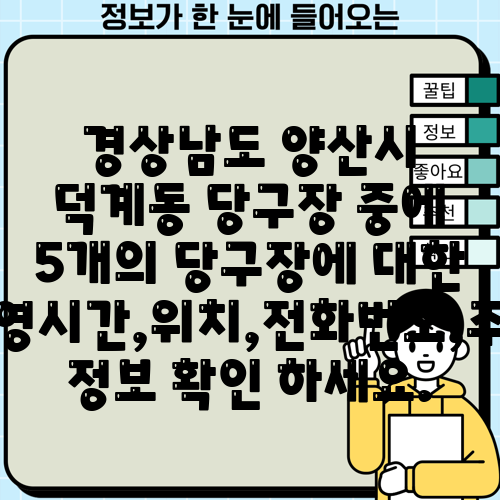 경상남도 양산시 덕계동 당구장 중에 5개의 당구장에 대한 운영시간,위치,전화번호,주소 정보 확인 하세요.