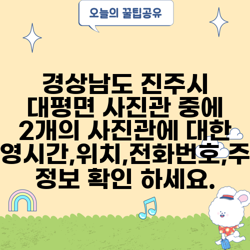 경상남도 진주시 대평면 사진관 중에 2개의 사진관에 대한 운영시간,위치,전화번호,주소 정보 확인 하세요.