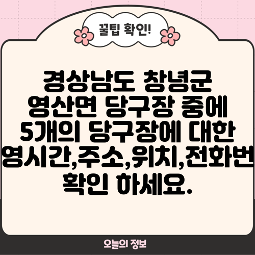 경상남도 창녕군 영산면 당구장 중에 5개의 당구장에 대한 운영시간,주소,위치,전화번호 확인 하세요.