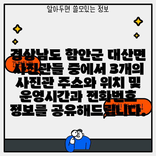 경상남도 함안군 대산면 사진관들 중에서 3개의 사진관 주소와 위치 및 운영시간과 전화번호 정보를 공유해드립니다.