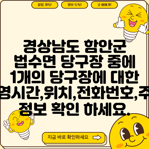 경상남도 함안군 법수면 당구장 중에 1개의 당구장에 대한 운영시간,위치,전화번호,주소 정보 확인 하세요.
