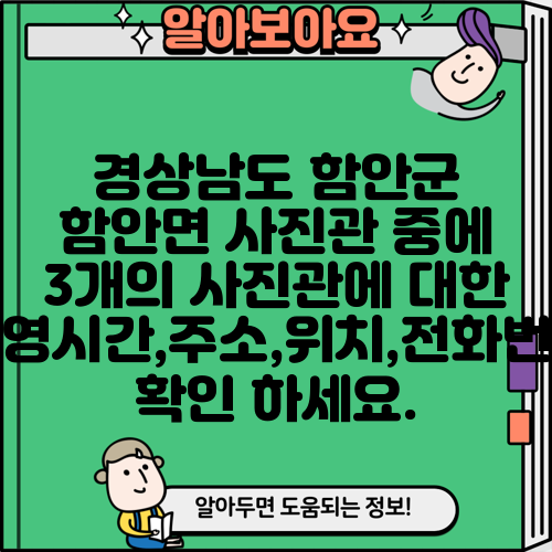 경상남도 함안군 함안면 사진관 중에 3개의 사진관에 대한 운영시간,주소,위치,전화번호 확인 하세요.