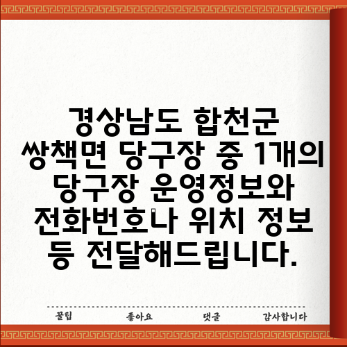 경상남도 합천군 쌍책면 당구장 중 1개의 당구장 운영정보와 전화번호나 위치 정보 등 전달해드립니다.