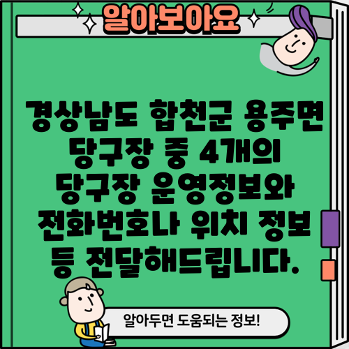 경상남도 합천군 용주면 당구장 중 4개의 당구장 운영정보와 전화번호나 위치 정보 등 전달해드립니다.