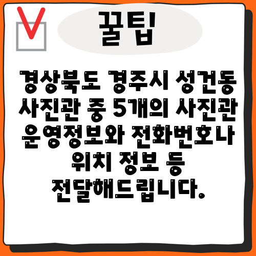 경상북도 경주시 성건동 사진관 중 5개의 사진관 운영정보와 전화번호나 위치 정보 등 전달해드립니다.
