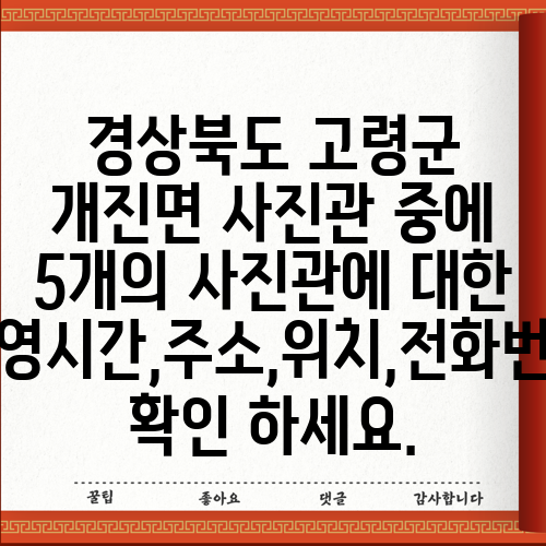 경상북도 고령군 개진면 사진관 중에 5개의 사진관에 대한 운영시간,주소,위치,전화번호 확인 하세요.