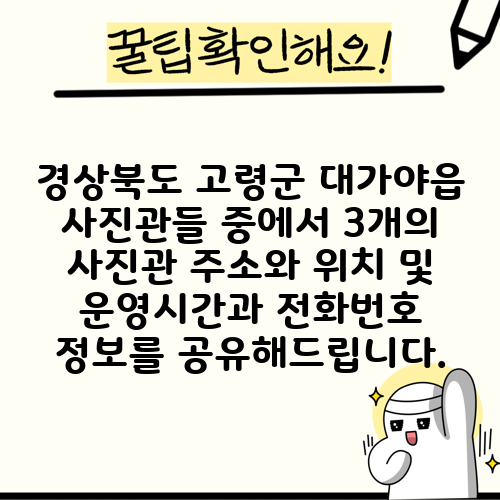 경상북도 고령군 대가야읍 사진관들 중에서 3개의 사진관 주소와 위치 및 운영시간과 전화번호 정보를 공유해드립니다.