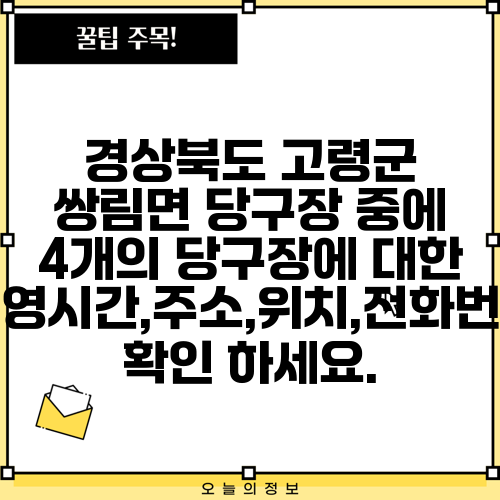 경상북도 고령군 쌍림면 당구장 중에 4개의 당구장에 대한 운영시간,주소,위치,전화번호 확인 하세요.