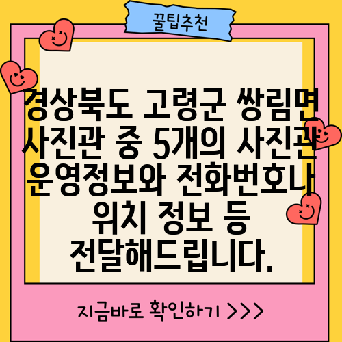 경상북도 고령군 쌍림면 사진관 중 5개의 사진관 운영정보와 전화번호나 위치 정보 등 전달해드립니다.