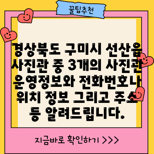 경상북도 구미시 선산읍 사진관 중 3개의 사진관 운영정보와 전화번호나 위치 정보 그리고 주소 등 알려드립니다.