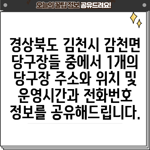 경상북도 김천시 감천면 당구장들 중에서 1개의 당구장 주소와 위치 및 운영시간과 전화번호 정보를 공유해드립니다.