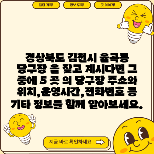 경상북도 김천시 율곡동 당구장 을 찾고 계시다면 그 중에 5 곳 의 당구장 주소와 위치,운영시간,전화번호 등 기타 정보를 함께 알아보세요.