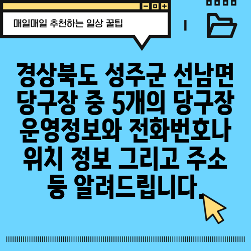 경상북도 성주군 선남면 당구장 중 5개의 당구장 운영정보와 전화번호나 위치 정보 그리고 주소 등 알려드립니다.