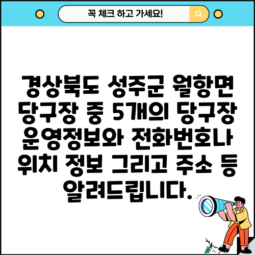 경상북도 성주군 월항면 당구장 중 5개의 당구장 운영정보와 전화번호나 위치 정보 그리고 주소 등 알려드립니다.