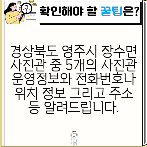 경상북도 영주시 장수면 사진관 중 5개의 사진관 운영정보와 전화번호나 위치 정보 그리고 주소 등 알려드립니다.