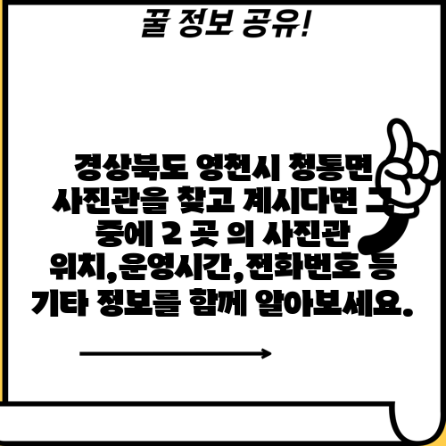 경상북도 영천시 청통면 사진관을 찾고 계시다면 그 중에 2 곳 의 사진관 위치,운영시간,전화번호 등 기타 정보를 함께 알아보세요.