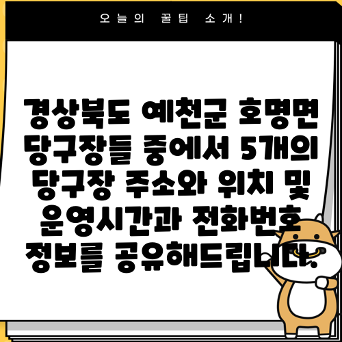 경상북도 예천군 호명면 당구장들 중에서 5개의 당구장 주소와 위치 및 운영시간과 전화번호 정보를 공유해드립니다.