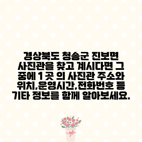 경상북도 청송군 진보면 사진관을 찾고 계시다면 그 중에 1 곳 의 사진관 주소와 위치,운영시간,전화번호 등 기타 정보를 함께 알아보세요.