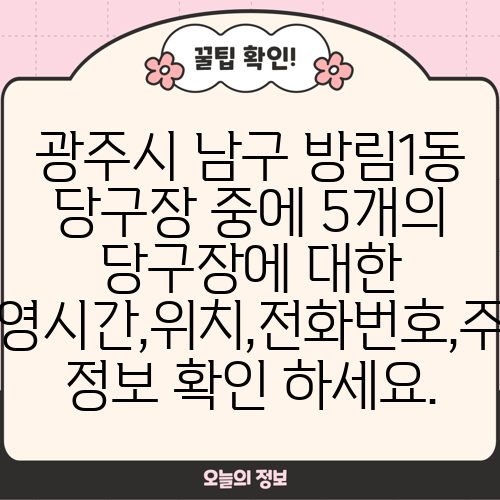 광주시 남구 방림1동 당구장 중에 5개의 당구장에 대한 운영시간,위치,전화번호,주소 정보 확인 하세요.